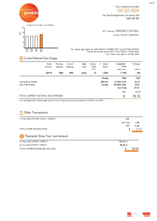 New Zealand Genesis Gas utility bill 3 pages PSD template